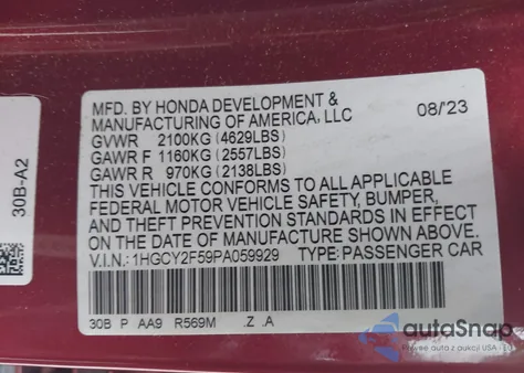 2023 Honda Accord Hybrid Sport z USA, uszkodzony, nr VIN 1HGCY2F59PA059929